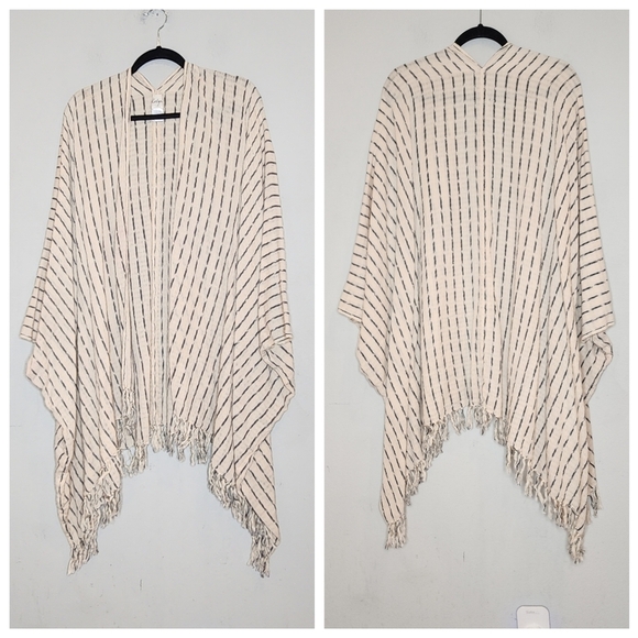 Ketza Guatemala Cotton Woven Cream Stripe Open Front Fringe Kimono One Size - Picture 6 of 16